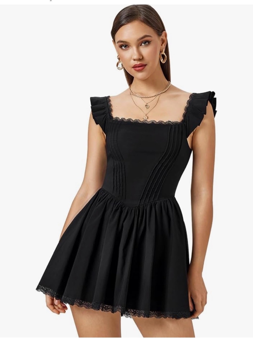 Black Square-Neck Ruffle Strap Mini Dress